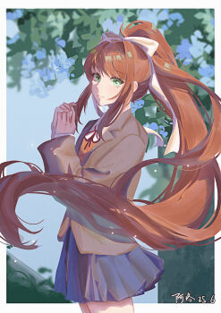 Rule 34 | 1girl, absurdres, blue flower, blue skirt, blue sky, brown hair, chinese commentary, commentary request, doki doki literature club, doki doki literature club school uniform, flower, green eyes, grey jacket, hair ribbon, highres, jacket, long hair, long sleeves, looking at viewer, monika (doki doki literature club), neck ribbon, outdoors, ponytail, ribbon, school uniform, skirt, sky, solo, tree, white ribbon, xiao ya xiao a luo
