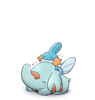 blush closed_eyes closed_mouth full_body gen_2_pokemon gen_3_pokemon happy kashiwa_(3920kashiwa) light_blush lying mudkip nintendo no_humans on_stomach phanpy pokemon pokemon_(creature) simple_background sleeping smile white_background