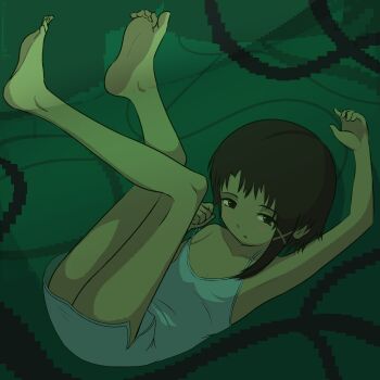 1girl absurdres barefoot blush_stickers brown_eyes brown_hair dress feet full_body hair_ornament highres iwakura_lain looking_at_viewer mdarkrai open_mouth serial_experiments_lain sleeveless sleeveless_dress solo x_hair_ornament