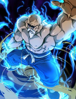 1boy absurdres aura bald beard clenched_teeth dragon_ball dragon_ball_(classic) dust facial_hair from_above highres kamehameha_(dragon_ball) kouji08250 muscular muscular_male muten_roushi old old_man pectorals sash solo sunglasses teeth topless_male veins