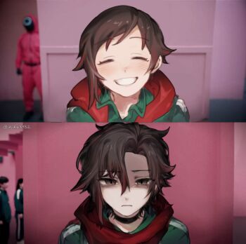 1girl artist_name before_and_after brown_hair closed_eyes green_track_suit grey_eyes highres hiru315 meme partially_shaded_face red_scarf ruby_rose rwby scarf short_hair smile solo track_suit twitter_username year_1_&amp;_year_2_(squid_game)_(meme)