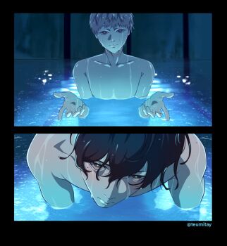 2boys black_border black_hair border closed_mouth collarbone grey_eyes heart heart-shaped_pupils highres hikaru_ga_shinda_natsu i&#039;ll_teach_you_everything_(chainsaw_man) in_water indou_hikaru light_reflection_(water) male_focus mole mole_on_cheek mole_under_eye mole_under_mouth multiple_boys multiple_moles no_nipples nude partially_submerged pool red_pupils scene_reference short_hair skinny_dipping symbol-shaped_pupils teumitay tsujinaka_yoshiki twitter_username upper_body wet wet_hair white_hair yaoi