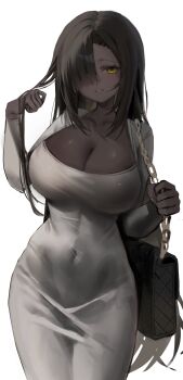 Rule 34 | 1girl, absurdres, bag, black hair, breasts, cleavage, covered navel, dark-skinned female, dark skin, dress, grey dress, hair over one eye, handbag, highres, large breasts, limbus company, long hair, looking at viewer, project moon, simple background, solo, very dark skin, very long hair, white background, yellow eyes, yuchan 00001, zilu (project moon)