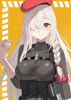 1girl absurdres armband beret blush braid breasts chest_rig closed_mouth commentary dog_tags g36c_(girls'_frontline) g36c_(red_beret)_(girls'_frontline) girls'_frontline hair_over_one_eye hat highres koucha_kouden light_smile long_hair looking_at_viewer official_alternate_costume red_armband red_eyes red_hat smoke_grenade solo two-tone_background upper_body white_background white_hair yellow_background