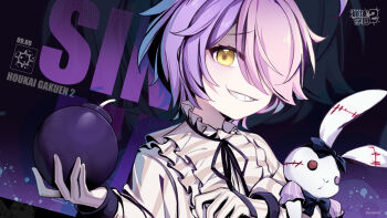 1girl :d absurdres ahoge bad_source bomb copyright_name doll evil_grin evil_smile explosive frills gloves grin hair_over_one_eye highres holding holding_doll honkai_(series) honkai_gakuen looking_at_viewer multicolored_hair official_art official_wallpaper open_mouth pink_hair purple_hair sharp_teeth shirt short_hair sin_mal smile solo stuffed_animal stuffed_rabbit stuffed_toy teeth two-tone_hair upper_body white_gloves white_shirt yellow_eyes