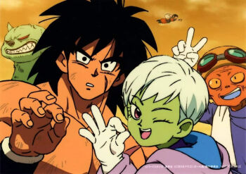 1girl 4boys ba_(dragon_ball) black_eyes black_hair broly_(dragon_ball_super) cheelai colored_skin dragon_ball dragon_ball_super dragon_ball_super_broly green_skin lemo_(dragon_ball) looking_at_viewer multiple_boys no_humans one_eye_closed open_mouth orange_skin purple_eyes selfie smile son_goku toriyama_akira wink