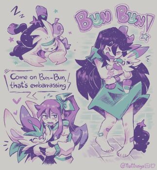 2girls aubrey_(faraway)_(omori) aubrey_(omori) bandaid bandaid_on_face barefoot blue_shirt blush bow character_request cinderace closed_eyes commentary crossover english_commentary english_text evolutionary_line flying_sweatdrops gen_5_pokemon gen_8_pokemon gloves hair_bow hairband heart highres hug jacket limited_palette long_hair long_sleeves multiple_girls nattseiya nintendo omori open_mouth pink_bow pink_hair pokemon pokemon_(creature) purple_eyes raboot scorbunny scraggy shirt short_sleeves sitting sleeping smile speech_bubble standing stuffed_eggplant stuffed_toy teeth toes twitter_username white_gloves white_jacket zzz