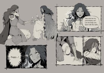 2girls agong amputee cape cloak colored_skin cracked_skin doll_joints dress elden_ring english_text extra_arms extra_faces fromsoftware fur_cape fur_cloak highres joints malenia_blade_of_miquella multiple_girls namco prosthesis prosthetic_leg ranni_the_witch scar siblings sisters triple_amputee witch