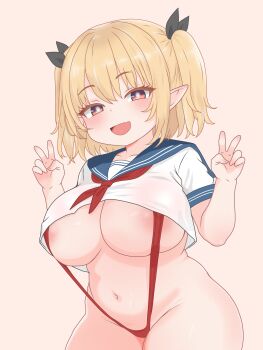 1girl absurdres areola_slip blonde_hair blush breasts character_request collarbone commentary_request copyright_request cowboy_shot crop_top dot_nose double_v fang hair_between_eyes highres huge_breasts looking_at_viewer navel open_mouth poca252 pointy_ears red_slingshot_swimsuit sailor_collar shirt short_sleeves simple_background skin_fang slingshot_swimsuit solo swimsuit swimsuit_under_clothes thick_thighs thighs two_side_up v white_shirt