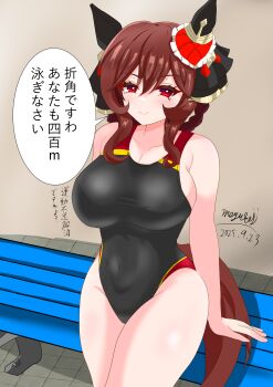 1girl absurdres animal_ears black_one-piece_swimsuit braid braided_hair_rings breasts brown_hair commentary_request competition_swimsuit covered_navel ear_covers gentildonna_(umamusume) hair_between_eyes hair_ornament hair_rings highleg highleg_one-piece_swimsuit highres hitokusoru623hs horse_ears horse_girl horse_tail impossible_clothes impossible_swimsuit indoors large_breasts long_hair looking_at_viewer one-piece_swimsuit red_eyes rei_no_pool smile solo swimsuit tail two-tone_one-piece_swimsuit umamusume