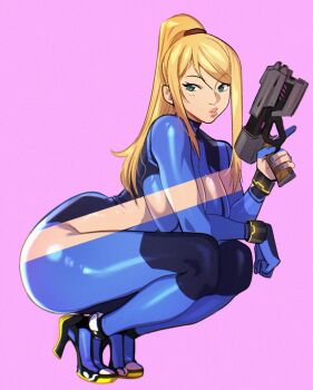 1girl ass blonde_hair blue_bodysuit blue_eyes blue_nails bodysuit breasts commentary english_commentary gun high_heels highres holding holding_gun holding_weapon huge_ass impossible_bodysuit impossible_clothes kukumomo large_breasts long_hair metroid nintendo parted_lips pink_background ponytail puckered_lips samus_aran sideboob simple_background skin_tight solo squatting super_smash_bros. torn_clothes variant_set weapon zero_suit