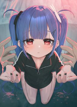 1boy 1girl absurdres black_nails black_ribbon black_shirt blue_hair blush commentary_request ear_piercing earrings hair_ornament hair_ribbon hairclip highres jewelry kanae_(tsukiman) kneeling long_hair looking_at_viewer nail_polish original parted_lips piercing pov pov_hands rabbit_hair_ornament red_eyes ribbon shirt solo_focus tsukiman twintails very_long_hair