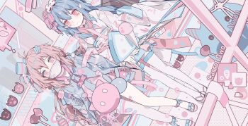 2girls abigcarrot_owo absurdres artist_name asymmetrical_legwear blue_eyes blue_hair blue_necktie blush bow check_copyright collar commission copyright_request gradient_eyes hairband hat highres jacket japanese_clothes kimono mask mini_hat mouth_mask multicolored_eyes multiple_girls necktie original pink_eyes pink_hair pink_jacket pink_thighhighs red_eyes sandals subway thigh_strap thighhighs train white_thighhighs yuri