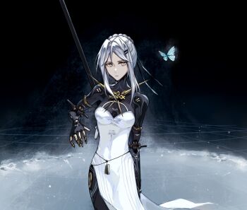 1girl android blue_butterfly braid braided_bun breasts bug butterfly chinese_commentary commentary covered_navel cowboy_shot cyberspace dress frost haicma:_starveil_(pgr) haicma_(pgr) hair_between_eyes hair_bun highres holding holding_behind_back holding_weapon holding_weapon_behind_back insect joints linea_alba looking_at_viewer mechanical_arms medium_breasts no_headwear pelvic_curtain polearm punishing:_gray_raven robot_joints solo updo weapon white_dress white_hair yellow_eyes zhouliang48183