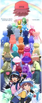 Rule 34 | 6+boys, 6+girls, absurdres, akari (pokemon), anniversary, backpack, backwards hat, bag, bandana, baseball cap, beanie, black bodysuit, black hair, black hat, black pants, black vest, blue bag, blue eyes, bodysuit, bodysuit under clothes, brendan (pokemon), brown eyes, brown hair, brown jacket, calem (pokemon), cardigan, closed mouth, commentary, denim, denim shorts, donut hair bun, double bun, dress, elio (pokemon), english commentary, english text, ethan (pokemon), female protagonist (pokemon ww), fingerless gloves, floral print, floral print shirt, florian (pokemon), galaxy team survey corps uniform, gloria (pokemon), gloves, green (pokemon), green jacket, green shorts, hair bun, harmony (pokemon), hat, highres, hilbert (pokemon), hilda (pokemon), holding, holding poke ball, hood, hooded cardigan, jacket, juliana (pokemon), kris (pokemon), layered sleeves, long hair, long sleeves, looking at viewer, male protagonist (pokemon ww), may (pokemon), multiple boys, multiple girls, multiple monochrome, naranja academy school uniform, nate (pokemon), nintendo, open clothes, open jacket, open mouth, orange shorts, pants, paxton (pokemon), pink shirt, poke ball, poke ball (basic), pokemon, pokemon black and white, pokemon black 2 and white 2, pokemon day, pokemon firered and leafgreen, pokemon gold/silver/crystal, pokemon heartgold and soulsilver, pokemon legends: arceus, pokemon legends: z-a, pokemon: let's go pikachu! and let's go eevee!, pokemon omega ruby and alpha sapphire, pokemon sun and moon, pokemon scarlet and violet, pokemon sword and shield, pokemon x and y, ponytail, red (pokemon), red hat, red jacket, red scarf, rei (pokemon), rosa (pokemon), satchel, scarf, school uniform, selene (pokemon), serena (pokemon), shirt, short hair, short sleeves, shorts, sidelocks, sleeveless, smile, spiked hair, striped hat, t-shirt, tam o' shanter, twintails, uva academy school uniform, vest, victor (pokemon), visor cap, white hat, white shirt, yamouri, yellow hat, yellow shirt