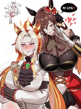 3girls ahoge alternate_breast_size_(larger) animal_ears ascot bare_shoulders blush braid braided_hair_rings breasts brooch brown_hair chibi chibi_inset coat crossed_arms detached_sleeves dress ear_covers ear_ornament fang flirting gentildonna_(regina_dei_fiori)_(umamusume) gentildonna_(umamusume) gloves gold_ship_(red_strife)_(umamusume) gold_ship_(umamusume) hair_between_eyes hair_rings half-closed_eye hand_on_another's_arm hand_on_own_arm heart heart-shaped_ornament heart_ear_ornament highres horse_ears horse_girl horse_tail huge_breasts impossible_clothes jewelry kurenaiz_(kuayrenaiz) long_hair long_sleeves looking_at_another multicolored_hair multiple_girls nervous nose_blush open_mouth orfevre_(control)_(umamusume) orfevre_(umamusume) pale_skin parted_lips pillbox_hat purple_eyes red_eyes seductive_smile side-by-side single_ear_cover smile sweat tail tongue tongue_out umamusume very_long_hair wavy_eyes wide-eyed yuri