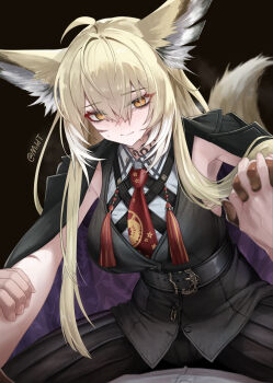 1girl absurdres animal_ear_fluff animal_ears arknights armpits black_background black_jacket blonde_hair collared_shirt commentary fox_ears fox_girl fox_tail girl_on_top highres holding_another&#039;s_arm jacket long_hair looking_down mildt necktie pov red_necktie scar scar_on_face shirt smile solo_focus tail twitter_username vulpisfoglia_(arknights) white_shirt yellow_eyes