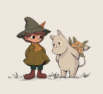 1boy 1other amazou boots brown_boots brown_hair coat green_coat green_hat green_pants hat looking_at_another moomin moomintroll pants scarf short_hair simple_background snufkin white_background wizard_hat yellow_scarf