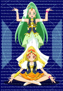 10s 2girls bindi blue_background brooch choker dress earrings forehead_jewel glasses green_eyes green_hair green_haired_cure_(wonderful_net_precure)_(happinesscharge_precure!) green_skirt hair_ornament happinesscharge_precure! happy heart heart_brooch highres jewelry long_hair looking_at_viewer magical_girl moritakusan multiple_girls open_mouth orange_eyes orange_hair orange_haired_cure_(wonderful_net_precure)_(happinesscharge_precure!) orange_skirt ponytail precure shirt shoes short_hair sitting skirt smile standing vest wrist_cuffs