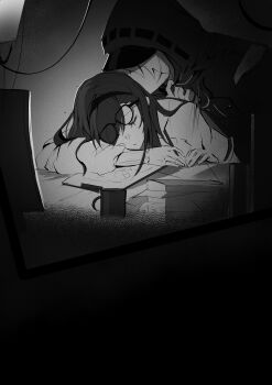 1boy 1girl absurdres arknights arm_pillow arms_on_table at_computer bandana black_bandana black_hairband black_headband brown_hair chair closed_eyes coat commentary computer cup desk doctor_(arknights) elloy_(ajhz2533) glasses hairband head_on_arm headband hetero highres hood hoodie jacket kissing_hair kissing_head leaning_forward long_hair long_sleeves male_doctor_(arknights) mask_pull medium_hair monitor mug on_chair paper priestess_(arknights) sleeping sleeping_on_desk sweater white_coat white_hair white_sweater