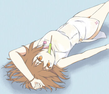 1girl ao_dai arm_over_head bare_arms bare_shoulders breasts brown_hair commentary dot_nose dress feet_out_of_frame floral_print food food_in_mouth fruit_popsicle hair_between_eyes looking_at_viewer lying medium_breasts medium_hair messy_hair misaka_worst mouth_hold no_pants on_back orange_eyes popsicle popsicle_in_mouth shadow short_dress sleeveless sleeveless_dress smile solo toaru_majutsu_no_index toaru_majutsu_no_index:_new_testament white_dress yakutashi