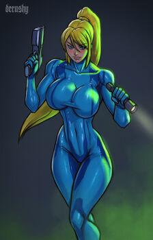 1girl blonde_hair breasts derushy large_breasts long_hair metroid nintendo samus_aran