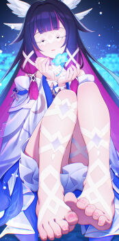 Rule 34 | 1girl, black hair, blue flower, closed eyes, collarbone, columbina (genshin impact), commentary request, dress, facing viewer, feathered wings, fingernails, flower, genshin impact, hair ribbon, head wings, highres, long hair, multiple wings, open mouth, pink hair, pink nails, ribbon, sidelocks, solo, toenails, twitter username, uruha (yw1109), white dress, white ribbon, wings, wrist ribbon