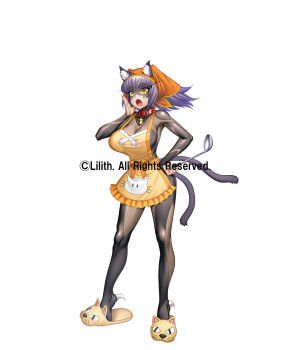1girl animal_ear_fluff animal_ears apron cat_ears cat_girl collar commentary_request copyright_notice extra_tails fang hand_on_own_hip headscarf highres ladle looking_at_viewer nekomata_(taimanin) official_art print_apron purple_hair second-party_source simple_background slippers slit_pupils solo standing tail taimanin_(series) taimanin_rpgx white_background yellow_eyes zol