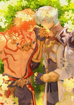 2boys abs armor belt black_gloves black_pants blonde_hair blue_eyes blue_gem chest_tattoo closed_eyes coat commentary crying crying_with_eyes_open english_commentary fingerless_gloves flower flower_wreath gem gloves gradient_hair hand_on_another's_face high_collar highres honkai:_star_rail honkai_(series) jewelry lii_litus looking_at_another male_focus medium_hair multicolored_hair multiple_boys mydei_(honkai:_star_rail) navel necklace pants parted_bangs pauldrons pectorals phainon_(honkai:_star_rail) plant red_hair red_robe red_tattoo robe short_hair shoulder_armor single_pauldron standing streaming_tears tattoo tears tree white_coat white_flower white_hair yaoi