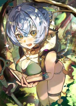 1girl accessories animal_ears black_horns black_unitard blue_hair blurry blurry_background blurry_foreground blush book bra braid breast_press breasts choker cleavage collarbone commentary cowboy_shot earrings forest goat_ears goat_girl goat_horns grass green_bra hair_between_eyes hair_intakes highres holding holding_book holding_staff hood horizontal_pupils horns htbjca3l jewelry key key_choker knee_strap large_breasts legs_together long_hair looking_at_viewer lucia_elowen mole mole_on_arm nature open_mouth outdoors pointy_ears raised_eyebrows single_bare_shoulder single_sleeve solo sparkle sparkling_eyes staff tree twin_braids underwear yellow_eyes zenless_zone_zero