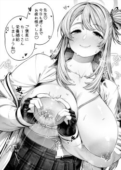 1girl blue_archive blush breasts breasts_out commentary_request finger_heart fingerless_gloves gloves grabbing_own_breast greyscale heart highres huge_breasts inumori_shirou lactation looking_at_viewer monochrome nipples no_bra nonomi_(blue_archive) open_clothes open_shirt projectile_lactation school_uniform smile solo speech_bubble translation_request