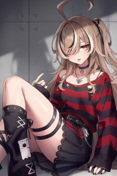 1girl :p ahoge belt black_belt black_choker black_hair black_leg_warmers black_ribbon black_skirt black_sweater brown_eyes brown_hair choker commentary emo_fashion hair_over_one_eye hair_ribbon heart heart_choker highres hololive hololive_english huge_ahoge jewelry lace-trimmed_choker lace_trim leg_warmers long_bangs long_hair looking_at_viewer miniskirt multicolored_hair nanashi_mumei nanashi_mumei_(emo) necklace official_alternate_costume official_alternate_hairstyle one_side_up oopartz_yang pendant_choker pleated_skirt red_sweater ribbon sitting skirt solo streaked_hair striped_clothes striped_sweater sweater symbol-only_commentary thigh_strap tongue tongue_out torn_clothes torn_sweater very_long_hair virtual_youtuber white_hair