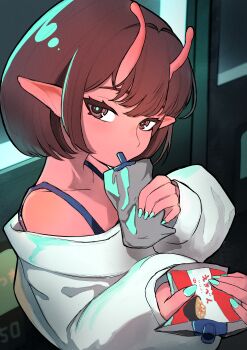 1girl absurdres alien antennae aqua_nails brown_hair colored_skin eating highres kokorozashi_muro_koutarou kujo_chiharu looking_at_viewer milky_subway nail_polish off-shoulder_sweater off_shoulder pointy_ears red_eyes red_skin short_hair shorts solo sweater white_sweater
