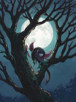 bare_tree commentary_request evil_smile fang full_moon gen_8_pokemon hair_over_one_eye highres in_tree long_hair moon morgrem night nintendo odo_7ta open_mouth pointy_ears pointy_nose pokemon pokemon_(creature) pokemon_focus smile solo tree