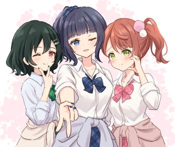 3girls ;) ;d absurdres asaka_karin blue_cardigan blue_hair blue_nails blue_scrunchie blue_skirt blunt_bangs blush bow bowtie breasts cardigan closed_mouth collarbone collared_shirt commentary_request dress_shirt fang fang_out green_bow green_bowtie green_eyes green_hair green_nails green_skirt gyaru gyaru_v hair_bobbles hair_ornament hair_scrunchie hairclip half-heart_hands hanazora_satsuki hand_up highres kogal looking_at_viewer love_live! love_live!_nijigasaki_high_school_idol_club medium_breasts mifune_shioriko multiple_girls nail_polish official_alternate_costume official_alternate_hairstyle one_eye_closed open_mouth pink_bow pink_bowtie pink_cardigan pink_hair pink_skirt plaid_bow plaid_bowtie plaid_clothes plaid_scrunchie plaid_skirt pleated_skirt ponytail red_eyes school_uniform scrunchie shirt short_hair simple_background single_hair_intake single_sidelock skin_fang skirt smile split_mouth uehara_ayumu unmoving_pattern v white_background white_shirt yellow_cardigan