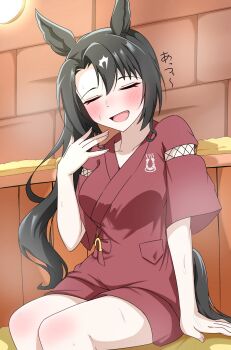 1girl abyss_kpn_(ki) animal_ears black_hair blush breasts closed_eyes collarbone commentary hair_between_eyes highres horse_ears horse_girl horse_tail long_hair medium_breasts multicolored_hair open_mouth red_robe robe satono_crown_(umamusume) sauna short_sleeves side_ponytail sitting smile solo streaked_hair symbol-only_commentary tail umamusume white_hair