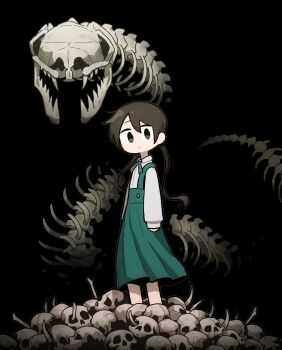 1girl animal_skeleton arms_at_sides black_background bone chinese_zodiac collared_shirt expressionless green_skirt high-waist_skirt highres long_sleeves original pile_of_skulls shirt skeleton_snake skirt skull solo standing suspender_skirt suspenders takurada twintails year_of_the_snake