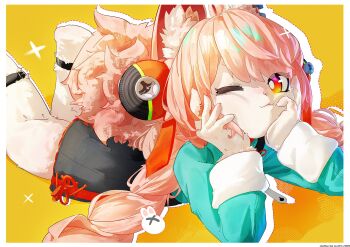1girl absurdres animal_ear_fluff animal_ears animal_feet blush braid braided_twintails bright_pupils commentary furry furry_female green_shirt highres k_(ke04609) long_hair looking_at_viewer lying one_eye_closed orange_background pink_fur pink_hair rabbit_ears rabbit_girl rabbit_tail red_eyes screw shirt short_eyebrows skirt solo symbol-only_commentary tail thick_eyebrows twin_braids white_pupils zenless_zone_zero zhao_(zenless_zone_zero)