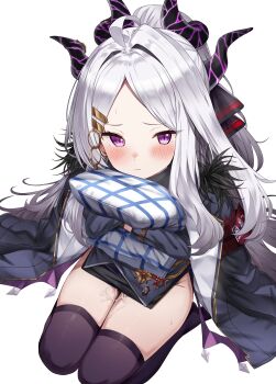 1girl absurdres ahoge armband black_coat black_gloves black_halo black_skirt black_thighhighs blue_archive blush closed_mouth coat coat_on_shoulders comiket_106 cum cum_on_body cum_on_legs cum_on_lower_body demon_girl demon_horns demon_wings gloves hair_ornament hairclip halo highres hina_(blue_archive) horns hugging_object jacket loli long_hair long_sleeves looking_at_viewer low_wings multiple_horns no_halo no_shoes pillow pillow_hug purple_eyes purple_jacket purple_thighhighs red_armband ruriruno seiza sitting skirt solo sweat thighhighs thighs very_long_hair white_hair wings