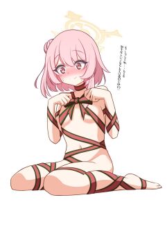 1girl adjusting_bowtie bare_shoulders barefoot blue_archive blush bow bowtie breasts breasts_apart closed_mouth downturned_eyes embarrassed eyes_visible_through_hair feather_hair full_body hair_between_eyes hair_bun halo hands_up highres looking_down medium_hair naked_ribbon navel nose_blush official_alternate_hairstyle pink_eyes pink_hair pyosunyi red_bow red_bowtie red_ribbon ribbon serina_(blue_archive) serina_(christmas)_(blue_archive) simple_background single_side_bun sitting small_breasts smile solo split_mouth sweatdrop translated wariza white_background yellow_halo your_present_is_me