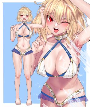 Rule 34 | 1girl, absurdres, antenna hair, arcueid brunestud, bare shoulders, bikini, blonde hair, blue background, blue notuki, border, breasts, cleavage, collarbone, cowboy shot, frilled bikini, frills, full body, highres, large breasts, multiple views, navel, one eye closed, red eyes, short hair, simple background, standing, swimsuit, tsukihime, white bikini, white border