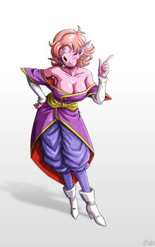 Rule 34 | 1girl, absurdres, belt, black eyes, boots, breasts, chronoa, cleavage, closed mouth, colored skin, commentary, dragon ball, dragon ball xenoverse 2, earrings, english commentary, full body, gradient background, hand up, highres, jewelry, off shoulder, pants, pink hair, pink skin, pointy ears, potara, purple outfit, red hair, roub3d, sash, shadow, short hair, simple background, smile, solo, standing, supreme kai