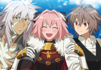 3boys ^_^ artist_name astolfo_(fate) black_bow black_vest blue_sky blush bow brown_eyes brown_hair closed_eyes closed_mouth collar collared_shirt day fate/grand_order fate_(series) fur_collar green_eyes hair_bow hair_intakes hand_on_another&#039;s_arm long_sleeves looking_at_another male_focus medium_hair meiji_ken multiple_boys open_mouth pink_hair shirt short_hair sieg_(fate) siegfried_(fate) sky topless_male trap upper_body vest white_hair white_shirt