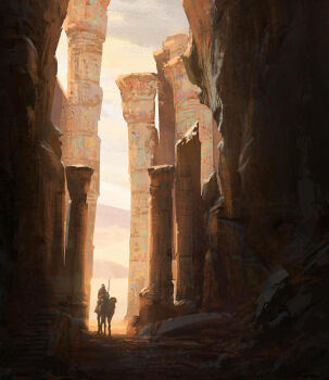 1other ancient_egyptian assassin's_creed:_origins assassin's_creed_(series) camel cave_interior commentary day english_commentary highres holding holding_polearm holding_weapon painterly pillar polearm raphael-lacoste riding riding_animal rock ruins scenery spear sunlight weapon