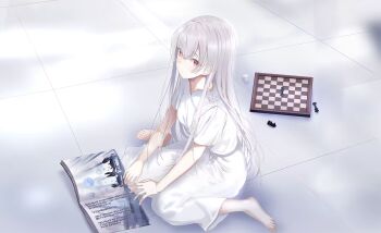 1girl book chessboard dice dress game_cg hakuchuumu_no_aojashin large_variant_set long_hair looking_at_viewer non-web_source official_art red_eyes shimofuri short_sleeves solo variant_set white_background white_dress white_hair yonagi_(hakuchuumu_no_aojashin)