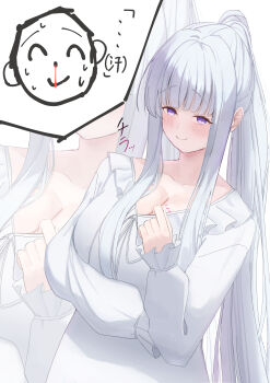 1boy 1girl absurdres aroused_nosebleed blood blue_archive breasts commentary doodle_sensei_(blue_archive) highres large_breasts long_hair looking_at_viewer noa_(blue_archive) noa_(pajamas)_(blue_archive) nosebleed pajamas ponytail purple_eyes pythonhcutenewgenesis sensei_(blue_archive) smile white_hair white_pajamas