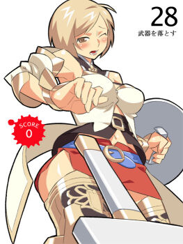 1girl anime_coloring archived_source arm_guards armor armpits ashelia_b&#039;nargin_dalmasca bare_shoulders belt belt_buckle black_corset black_outline blonde_hair blue_belt blush buckle commentary corset cowboy_shot cuisses detached_sleeves dropping english_commentary fantasy final_fantasy final_fantasy_xii fingernails flapper_shirt foreshortening from_below gold_armor gold_buckle holding holding_shield itsumo_nokoru leg_armor lower_teeth_only microskirt midriff navel one_eye_closed open_mouth outline pencil_skirt poleyn raised_inner_eyebrows red_skirt shield shirt short_hair side_slit skirt sleeveless sleeveless_shirt solo square_enix swept_bangs sword teeth thick_outlines tongue translation_request weapon white_background white_shirt white_sleeves yellow_eyes