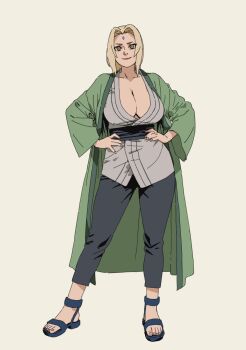 1girl black_sash blonde_hair breasts cleavage facial_mark forehead_mark full_body green_robe grey_kimono h4sh1rnoto hands_on_own_hips highres huge_breasts japanese_clothes kimono looking_at_viewer mature_female naruto_(series) robe sandals sash simple_background smile solo tsunade_(naruto)