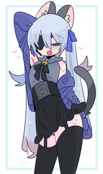 1boy :o animal_ear_fluff animal_ears arm_behind_head arm_up armpit_crease armpits bare_shoulders bell black_corset black_ribbon black_skirt black_thighhighs blue_bow blue_eyes blue_hair blue_panties blush bow bulge cardigan cat_boy cat_ears cat_tail collared_shirt colored_tips commentary corset cowboy_shot crossdressing crossdressing_(mtf) double-parted_bangs eyepatch fang flipped_hair frilled_shirt_collar frills garter_straps grey_shirt grey_tail hair_between_eyes hair_bow heart highres jingle_bell long_hair long_sleeves male_focus miniskirt multicolored_hair narrowed_eyes neck_bell neck_ribbon no_nose off_shoulder one_eye_covered op_na_yarou open_cardigan open_clothes open_mouth original panties panty_peek presenting_armpit quad_tails raised_eyebrows red_hair ribbon rigel_(op_na_yarou) shirt sidelocks simple_background skirt sleeveless sleeveless_shirt sleeves_past_fingers sleeves_past_wrists solo standing straight_hair sweat tail thighhighs thighs trap underwear very_long_hair watermark white_background white_hair