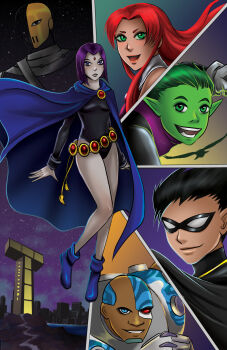 2girls 4boys alien bald beast_boy_(dc) belt bindi black_hair blue_eyes building cape cartoon_network changeling city cloak colored_sclera colored_skin cyborg cyborg_(dc) dark-skinned_male dark_skin dc_comics deathstroke dick_grayson domino_mask eye_mask forehead_jewel full_body garfield_logan green_eyes green_hair green_sclera green_skin grey_skin highres island leotard long_hair mask multiple_boys multiple_girls night night_sky one-eyed pale_skin parted_bangs pointy_ears raven_(dc) robin_(dc) sky slade_wilson smile star_(sky) starfire starry_sky teen_titans victor_stone